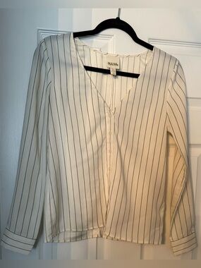 Maya White Blouse with Black Pinstripes V-Neck Button Front